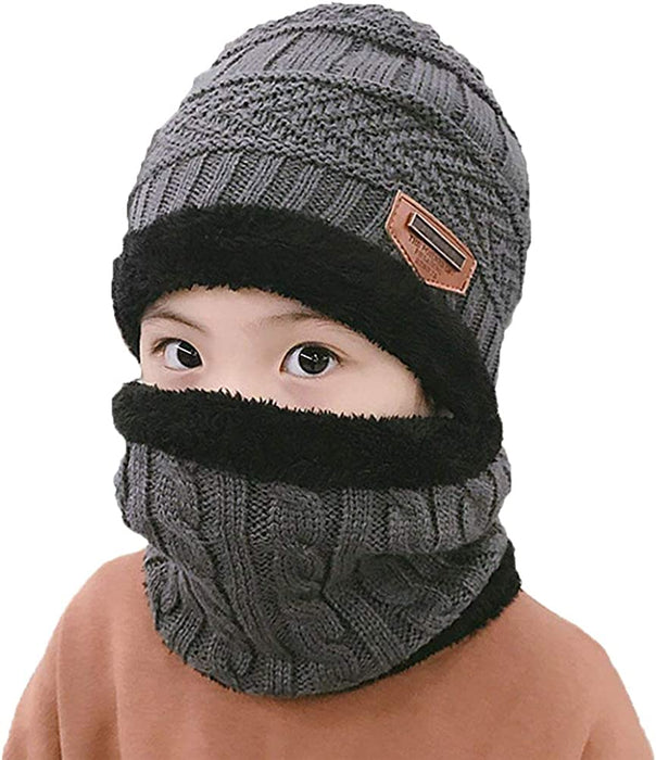 Kids Winter Hat and Scarf Set, 2Pcs Warm Knit Beanie Cap and Scarf for 5-14 Years Old