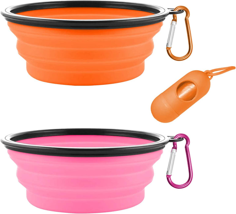 Collapsible Dog Bowls, Portable Travel Dog Bowls, Expandable for Cat Dog Water Bowls Food Feeding, 2 Pack Silicone Pet Bowls with Waste Bag Dispenser
