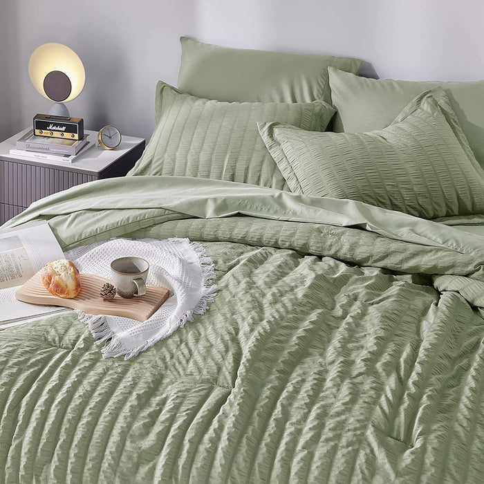 Queen Seersucker Comforter Set with Sheets Green Bed in a Bag 7-Pieces All Season Bedding Sets with Comforter, Pillow Sham, Flat Sheet, Fitted Sheet, Pillowcase