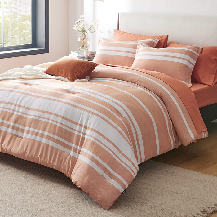 Bedsure Bed in a Bag Full Size 7-Piece Burnt Orange White Striped Bedding Comforter Sets All Season Bed Set, 2 Pillow Shams, Flat Sheet, Fitted Sheet and 2 Pillowcases