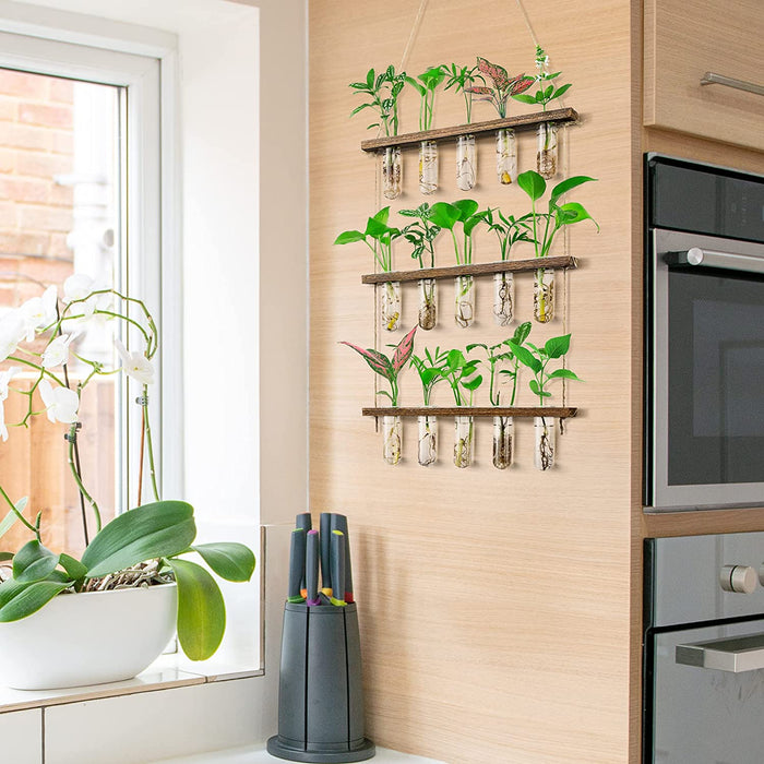 3 Tier Large Propagation Stations Wall Hanging Plant Terrarium with Wooden Stand, Retro Propagation Test Tube for Hydroponic Plants Cutting Flower, Propagator Home Office Patio Decor-Brown