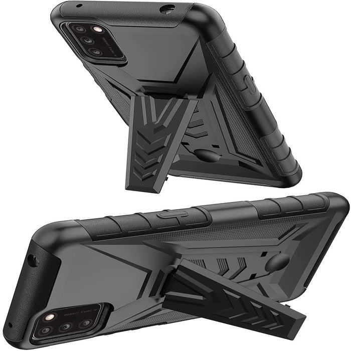 Alcatel TCL A3X A600DL Belt Clip Holster Kickstand Shock Proof Phone Case with Tempered Glass Screen Protector - Black