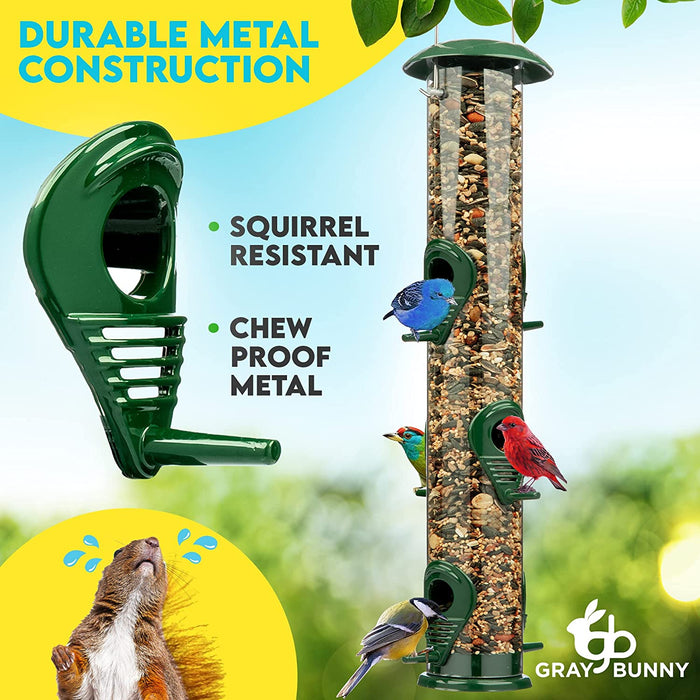 Gray Bunny Metal Bird Feeders for Outdoors Hanging, 6-Port, Premium Grade Metal Tube Bird Feeder,2-Pack, Chew-Proof and Rust-Proof, 16 Inches