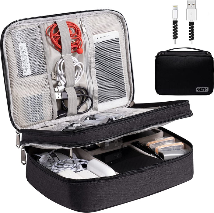 Electronics Organizer,  Electronic Accessories Bag Travel Cable Organizer Three-Layer for Ipad Mini, Kindle, Hard Drives, Cables, Chargers (Three-Layer-Black)