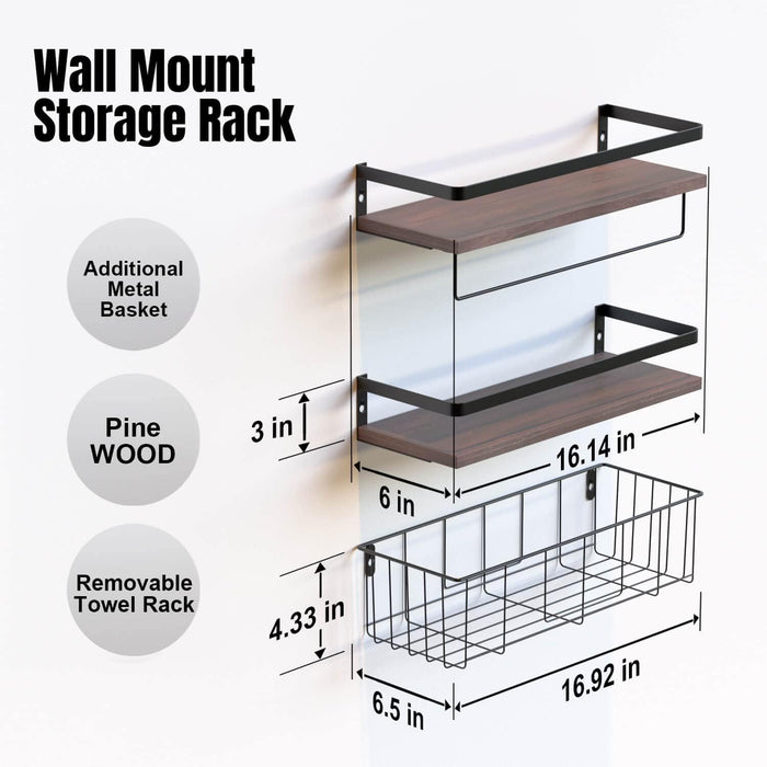 Floating Shelves with Toilet Paper Basket Set, Rustic Wall Shelves with Removable Towel Bar, Farmhouse Floating Bathroom Shelves for Kitchen and Bedroom - Rustic Brown