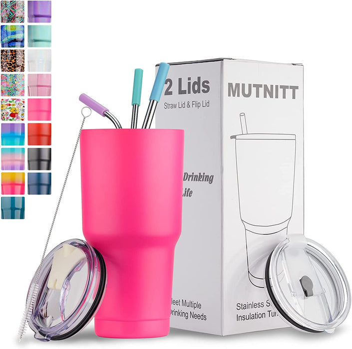 30 Oz Tumbler with Lids and Straws,18/8 Stainless Steel Vacuum Insulated Coffee Tumbler,Insulated Travel Mug Water Cup with Leak-Proof Straw Lid & Flip Lid,3 Metal Straws,1 Cleaning Brush & Gift Box