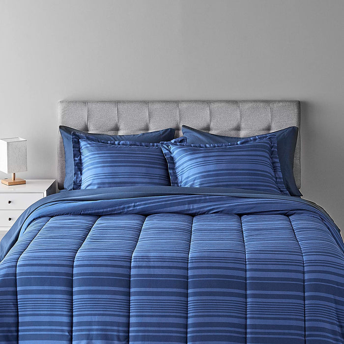 7-Piece Lightweight Microfiber Bed-In-A-Bag Comforter Bedding Set - Full/Queen, Royal Blue Calvin Stripe