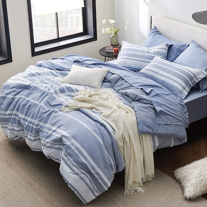 Bedsure Bed in a Bag Full Size 7-Piece Blue White Striped Bedding Comforter Sets All Season Bed Set, 2 Pillow Shams, Flat Sheet, Fitted Sheet and 2 Pillowcases