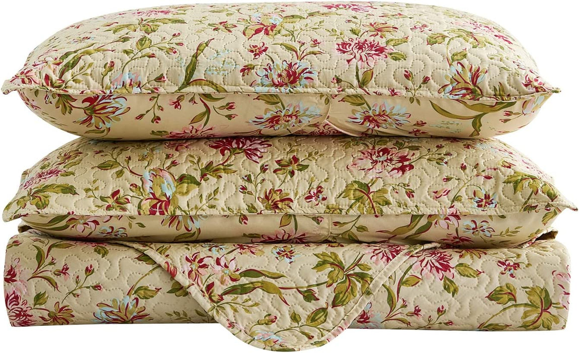 Quilt Set, 3-Piece Quilt Sets with 2 Pillow Shams - Boho Reversible Soft and Lightweight Quilt Bedding Bedspread Coverlet Set (Beige Floral, King)