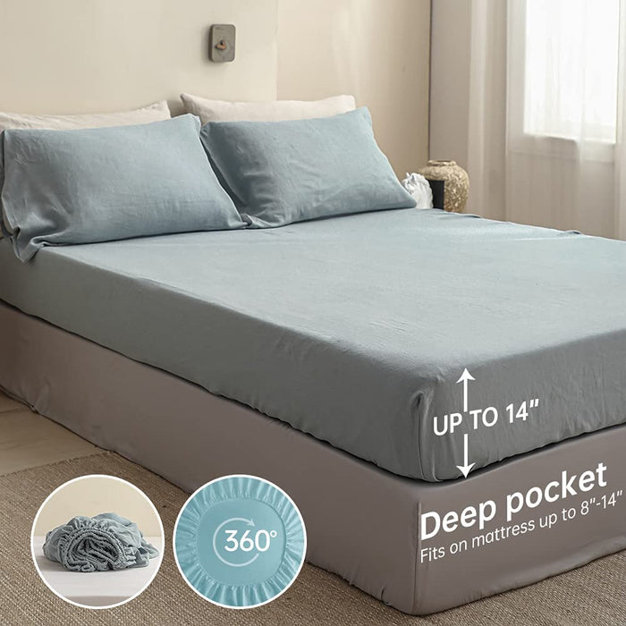 Simple&Opulence 100% Linen Sheet Set Solid Color-4 Pcs Washed French Linen Bed Sheets(1 Flat Sheet,1 Fitted Sheet,2 Pillowcases)-Breathable Bedding Set (Dusty Blue, Queen)