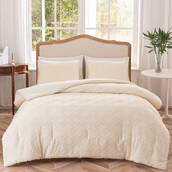 Queen Size Comforter Set Diamond Tufted Design, Cream Bedding Set, Soft & Lightweight Queen Bed Comforter for All Seasons (Queen, 90''Wx90''L , 3 Pieces)