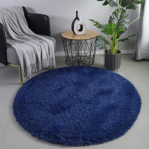 Fluffy Plush Modern Rugs for Bedroom Comfortable Soft Home Decor Shag Rug Cute Circle Carpet for Girly Boy Baby Room Dormitory Living Room Rug(4X4 Feet Navy Blue)