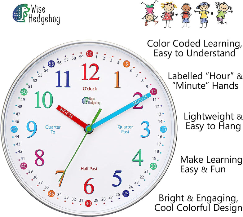 Telling Time Teaching Clock, Silent Non Ticking Analog Battery Operated Learning Clock for Kids, Perfect Room & Wall Decor for School Classrooms, Playrooms and Kids Bedrooms