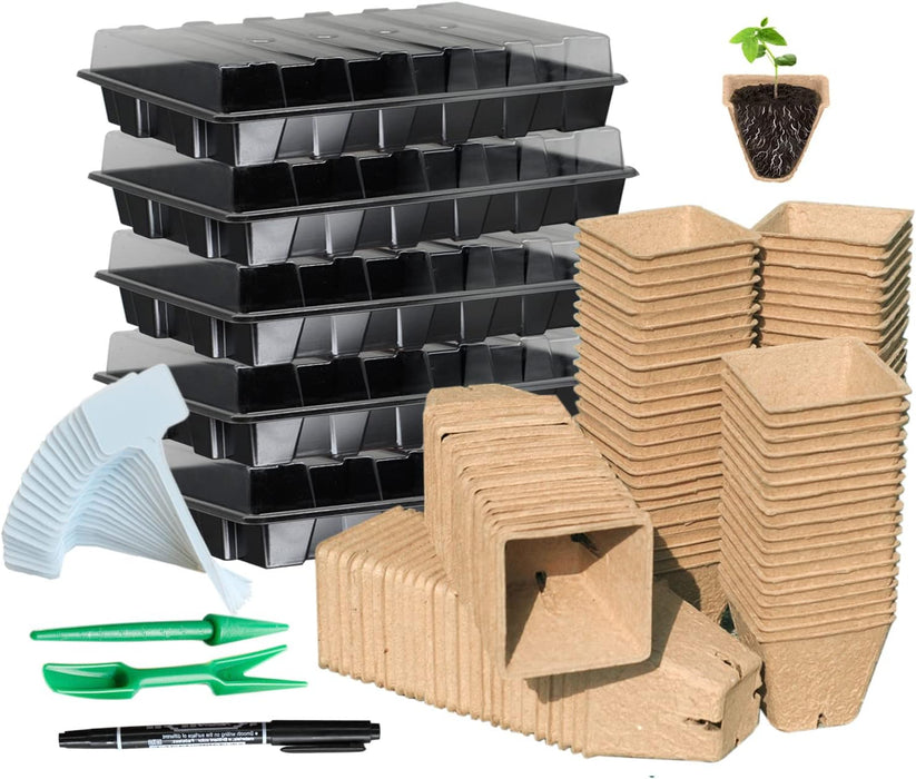 Seed Starter Kit with 100 Peat Pots for Seedlings Seed Starter Tray Plastic Growing Trays 20 Plant Labels Outdoor or Indoor Herb Garden Nursery