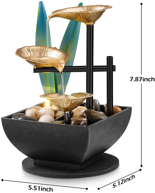 Tabletop Fountain Desktop 3-Tier Indoor Golden Lotus Leaf Relaxation Fountains Waterfall, Office Home Decor Including Lots of Natural River Rocks and Warm Yellow Scene Light, AM-MR2005