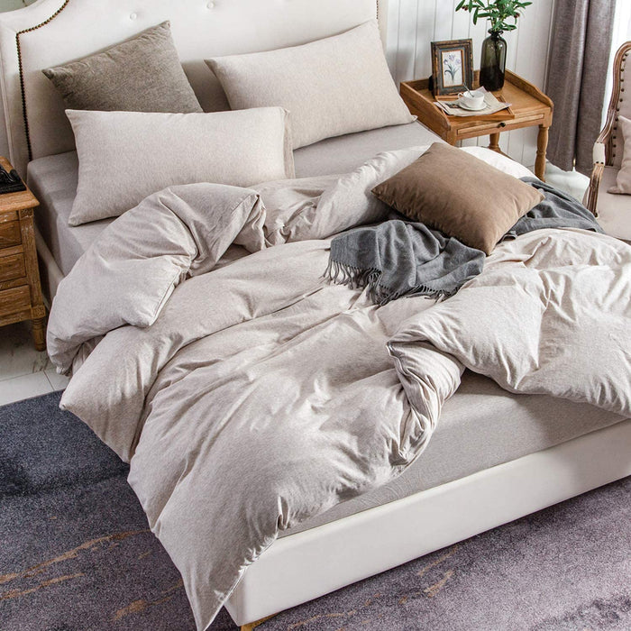Jersey Knit Duvet Cover Set 100% T-Shirt Cotton Super Soft Comfy 3Pc Bedding Set with Zipper Closure (Heather Beige, King)