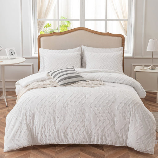 Queen Size Comforter Set, White Bedding Set Tufted Design,Boho Comforter for Queen Bed,Lightweight and Fluffy Bed Comforter for All Seasons