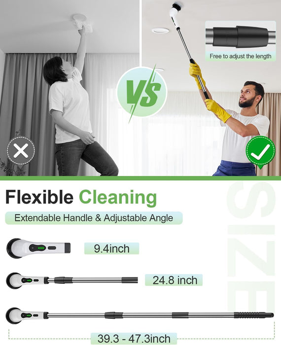 Electric Spin Scrubber, Cordless Cleaning Brush with 9 Replaceable Brush Heads, 1.5H Power Dual Speed, Shower Scrubber with Extension Handle for Bathroom Tub Tile Floor Car
