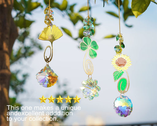 Hanging Crystal Suncatchers Prism, Glass Window Decorations, Rainbow Maker Wind Chime Sun Catcher, Sunflower&Clover&Ginkgo Leaf