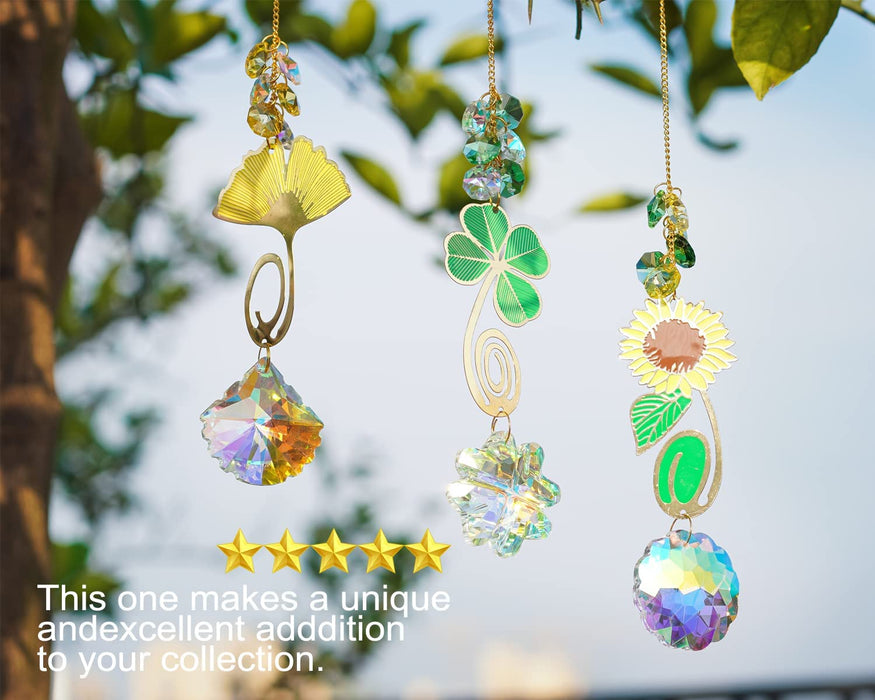 Hanging Crystal Suncatchers Prism, Glass Window Decorations, Rainbow Maker Wind Chime Sun Catcher, Sunflower&Clover&Ginkgo Leaf