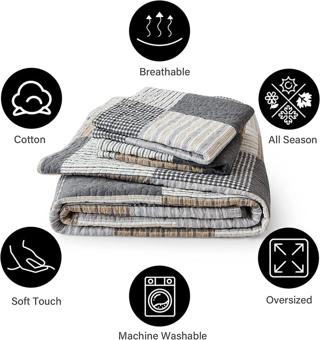 100% Cotton Quilt Set Queen Size,Patchwork Plaid Queen Quilt Bedding Set Bedspreads,Farmhouse Lightweight Comforter,Grey/Gray/Black/Tan/White/Cream Reversible Quilt for Queen Bed,3 Pieces