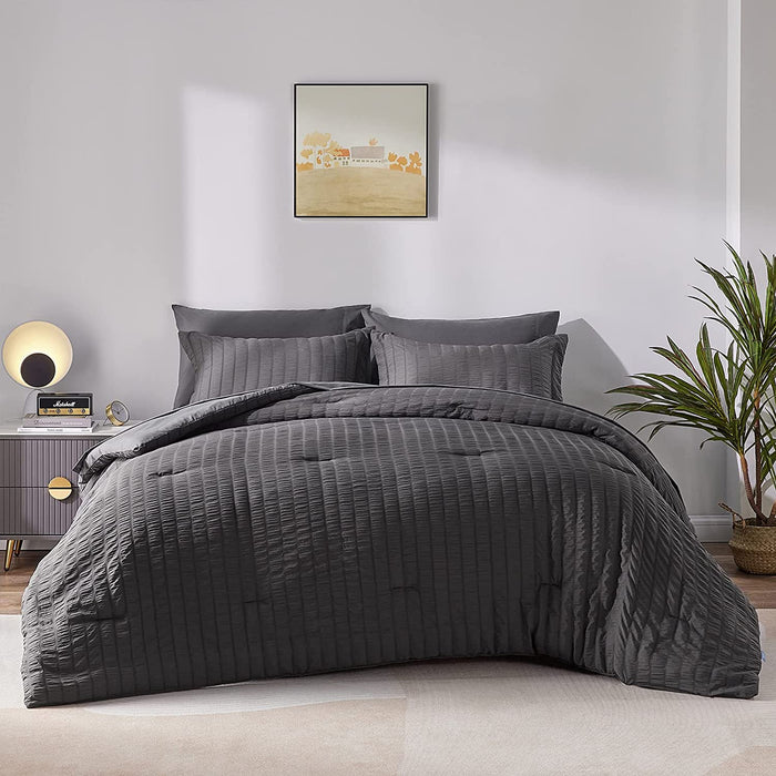 Queen Seersucker Comforter Set with Sheets Dark Grey Bed in a Bag 7-Pieces All Season Bedding Sets with Comforter, Pillow Sham, Flat Sheet, Fitted Sheet, Pillowcase