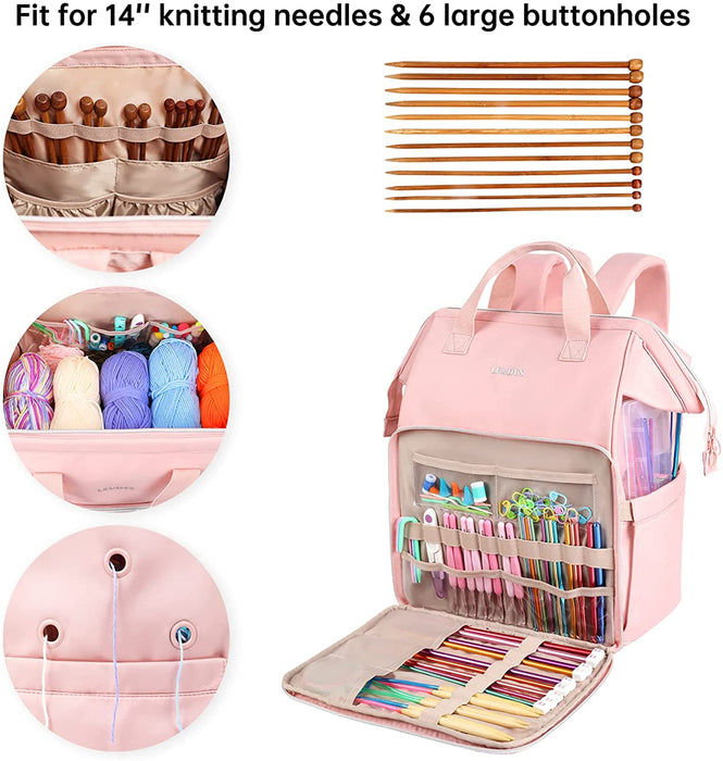 Knitting Bag Backpack, Yarn Storage Organizer Large Crochet Bag Tote Water Resistant Yarn Holder Case for Carrying Projects, Knitting Needles, Crochet Hooks and Other Accessories (Pink)