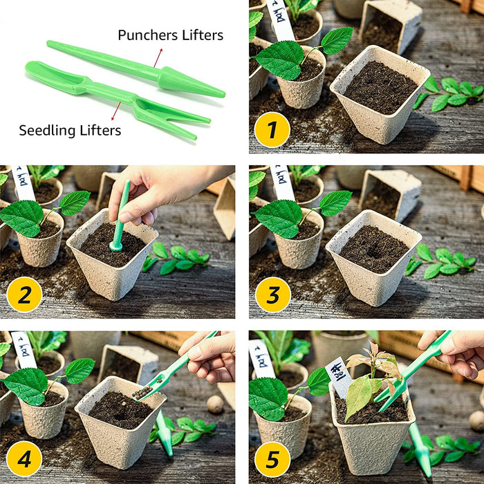 100Pack Peat Pots Planter Nursery Pots Seed Starter Tray for Garden Seedling Organic Eco-Friendly with Plant Labels, 2 Transplant Tools