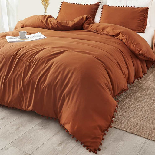 Burnt Orange Comforter Set Queen Size Pom Pom, 3 Piece Boho Bed Set, All Season Farmhouse Microfiber down Alternative Bedding Comforter (90X90) with 2 Pillow Shams