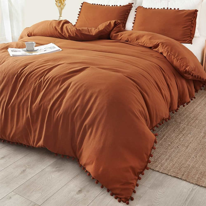 Burnt Orange Comforter Set Queen Size Pom Pom, 3 Piece Boho Bed Set, All Season Farmhouse Microfiber down Alternative Bedding Comforter (90X90) with 2 Pillow Shams