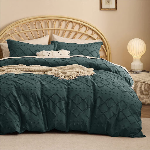 Bedsure Boho Duvet Cover Queen - Boho Bedding, Tufted Queen Duvet Cover for All Seasons, 3 Pieces Embroidery Shabby Chic Home Bedding Duvet Cover Set (Forest Green, Queen, 90X90)