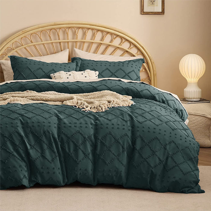 Bedsure Boho Duvet Cover Queen - Boho Bedding, Tufted Queen Duvet Cover for All Seasons, 3 Pieces Embroidery Shabby Chic Home Bedding Duvet Cover Set (Forest Green, Queen, 90X90)