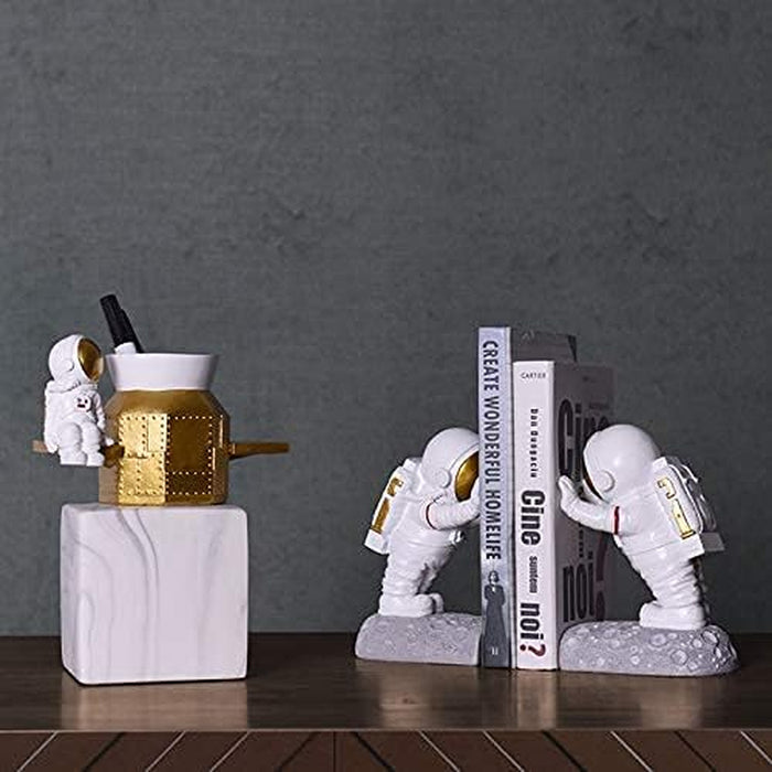 Astronaut Bookends - Book Ends to Hold Books - Space Decor Bookends for Kids Rooms - Bookends for Heavy Books - Unique Book Holders with Anti-Slip Base (Gold)
