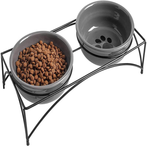 Ceramic Pet Bowls with Stand, 12 Ounces Raised Cat Dishes,Elevated Pet Bowls Non-Skid for Cats/Puppys, Gray