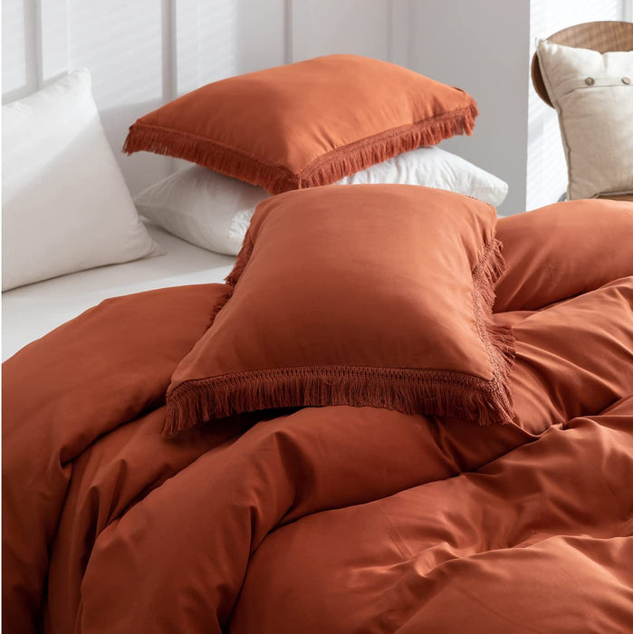 Terracotta Comforter Set Queen Size, 3 Pcs Boho Fringe Tufted Soft Microfiber Bedding Sets, Tassel Burnt Orange Comforter Sets for All Season (1 Comforter + 2 Pillowcases)