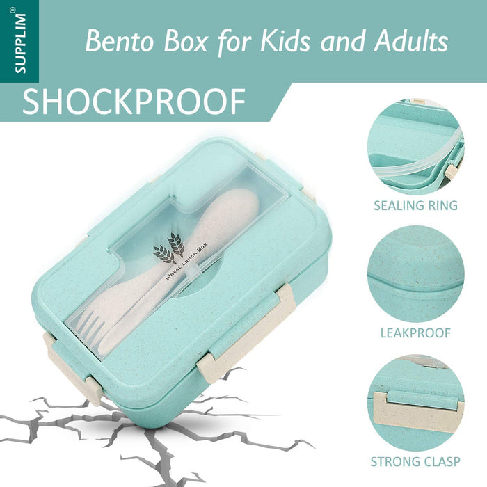 Bento Box for Kids Adults Lunch Box with 3 Compartment,Wheat Fiber Leak Proof Food Container with Spoon & Fork,1200Ml Lunch Boxes Containers for Men Women (Model2-Blue)