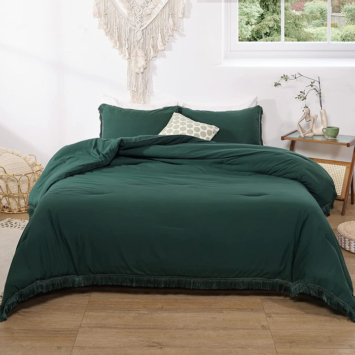 3Pcs Fringe Emerald Green Tassel Comforter Set Queen Boho Bohemian Cute Soft Tufted Microfiber Bedding Sets Modern Style for Men and Women (1Comforter + 2 Pillowcases)