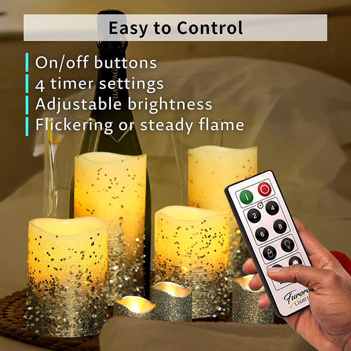 Furora LIGHTING LED Flameless Candles with Remote – Battery-Operated Flameless Candles Bulk Set of 8 Fake Candles – Small Flameless Candles & Christmas Centerpieces for Tables, Silver Glittery