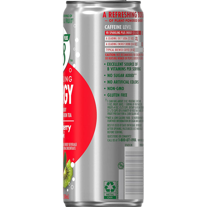 V8 +SPARKLING ENERGY Strawberry Kiwi Energy Drink, Made with Real Vegetable and Fruit Juices, 11.5 FL OZ Can (Pack of 12)