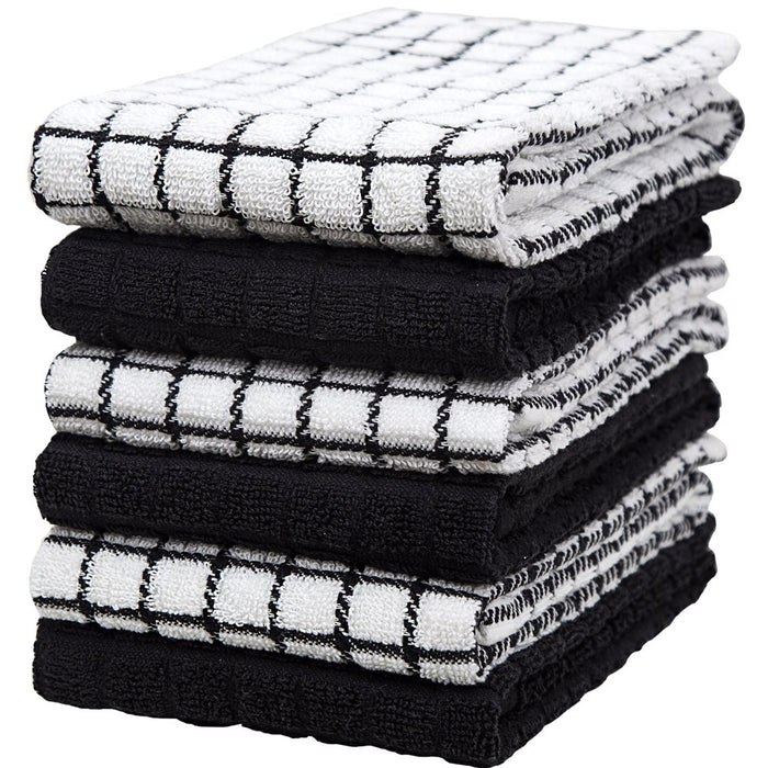 Premium Kitchen Towels (16”X 28”, 6 Pack) – Large Cotton Kitchen Hand Towels – Chef Weave Design – 380 GSM Highly Absorbent Tea Towels Set with Hanging Loop – Black