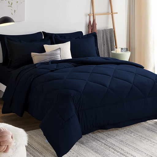 Queen Bed in a Bag 7 Pieces Comforter Set with Comforter and Sheets Navy Blue All Season Bedding Sets with Comforter, Pillow Shams, Flat Sheet, Fitted Sheet and Pillowcases