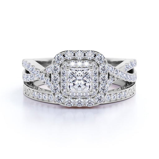 1.25 Ct - Square Moissanite - Double Halo - Twisted Band - Vintage Inspired - Pave - Wedding Ring Set in 18K White Gold over Silver
