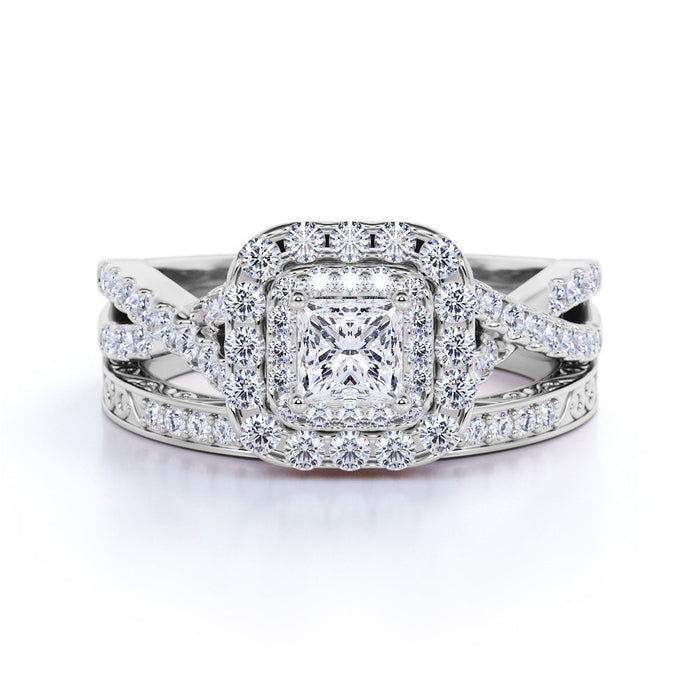 1.25 Ct - Square Moissanite - Double Halo - Twisted Band - Vintage Inspired - Pave - Wedding Ring Set in 18K White Gold over Silver