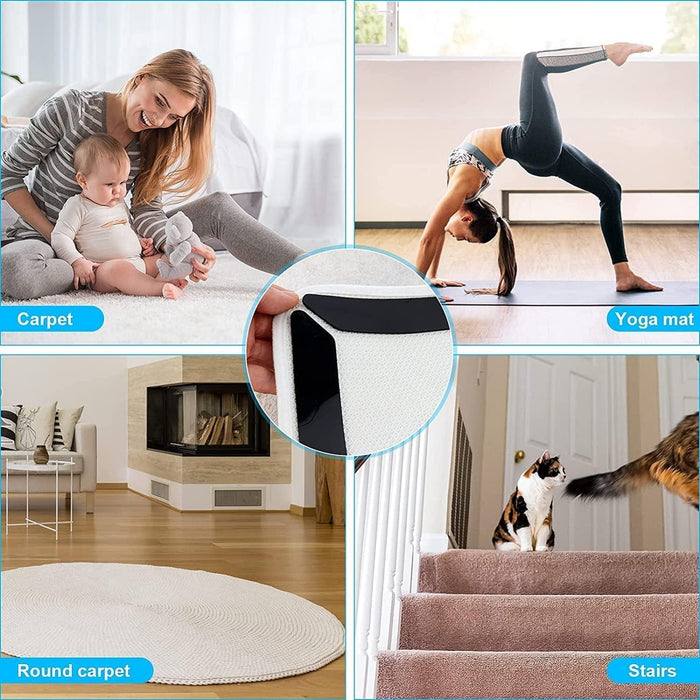 Rug Tape, Double Sided Non Slip Rug Pads for Hardwood Floors and Tiles,12 Pcs Rug Grippers for Carpet Reusable Washable Carpet Tape, Dual Sided Adhesive Rug Pad Gripper Keep Corners Flat-002