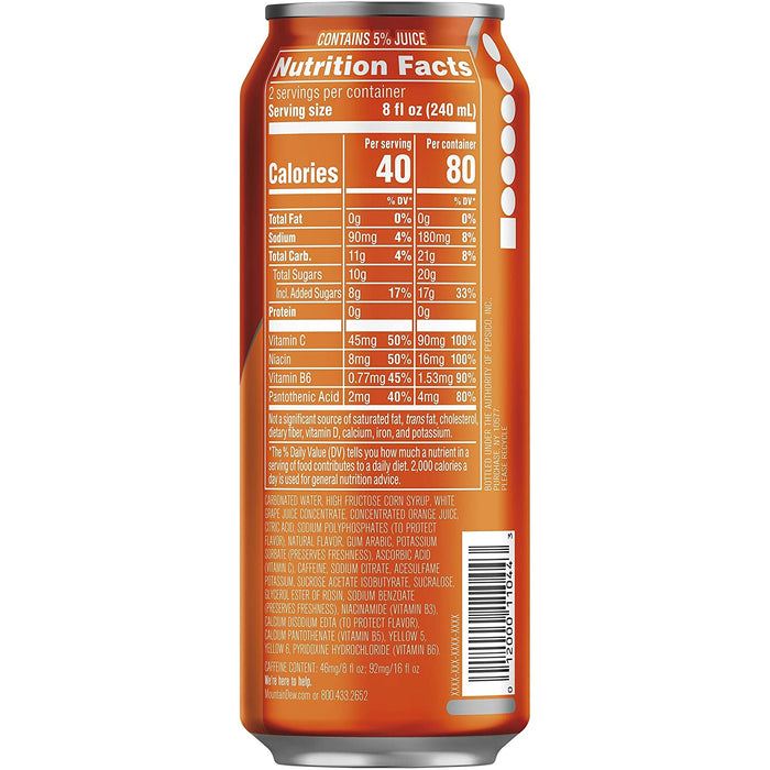 Mountain Dew Kickstart, Orange Citrus, 92Mg Caffeine, Vitamins B & C, 80 Calories, 5% Juice, 16 Fl Oz (12 Count)