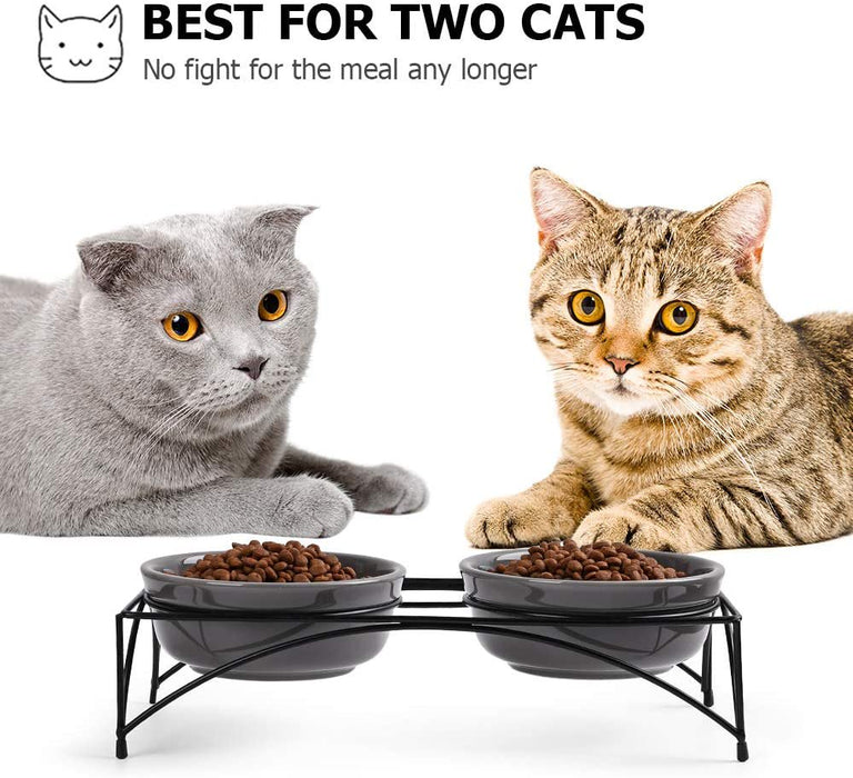 Ceramic Pet Bowls with Stand, 12 Ounces Raised Cat Dishes,Elevated Pet Bowls Non-Skid for Cats/Puppys, Gray
