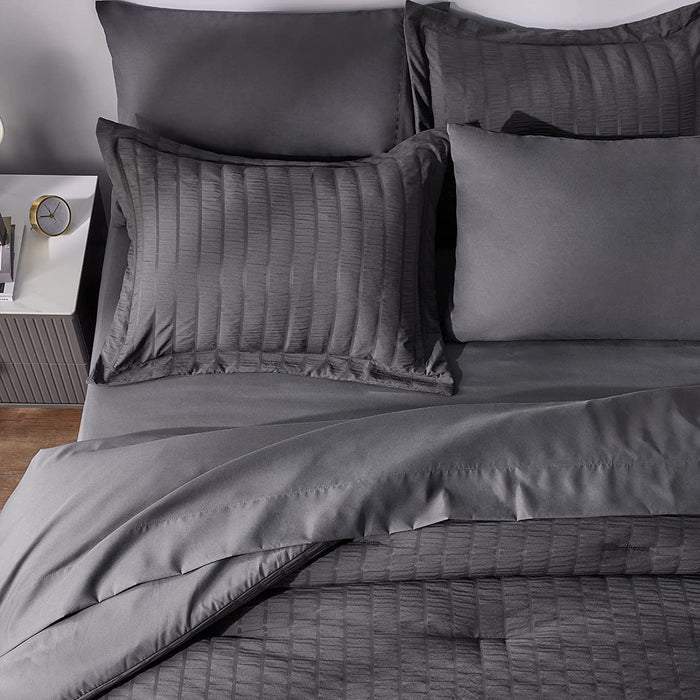 Queen Seersucker Comforter Set with Sheets Dark Grey Bed in a Bag 7-Pieces All Season Bedding Sets with Comforter, Pillow Sham, Flat Sheet, Fitted Sheet, Pillowcase