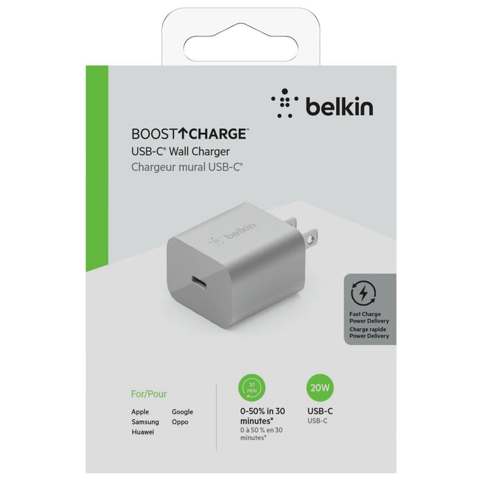 BOOSTCHARGE 20W USB Wall Charger, USB-C Power Delivery, Silver