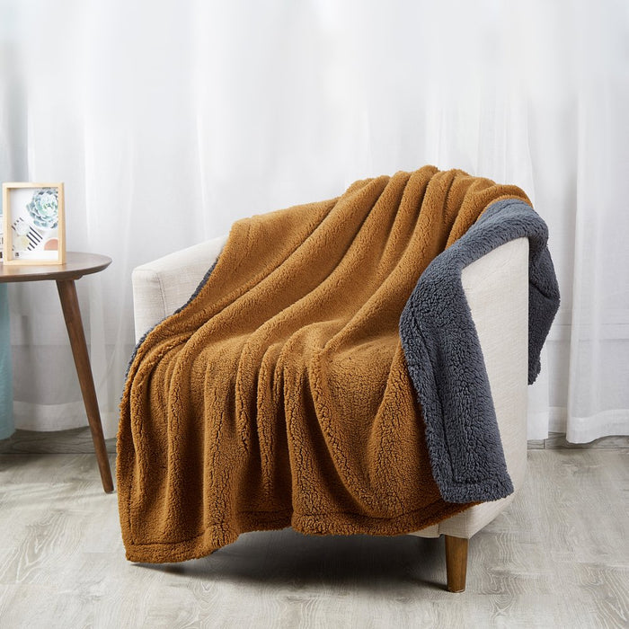 Reversible 2-Tone Sherpa Dual Layer Throw Blanket, 50" X 60", Recycled Polyester, Brown and Gray