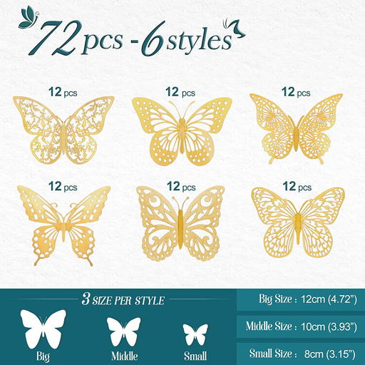 72 Pcs Butterfly Wall Decor Stickers, 6 Styles Gold Butterfly Decorations, 3 Sizes 3D Butterfly Party Decorations/Birthday Decorations/Cake Decorations, Gold Butterflies for Gold Wall Decor Room Decor